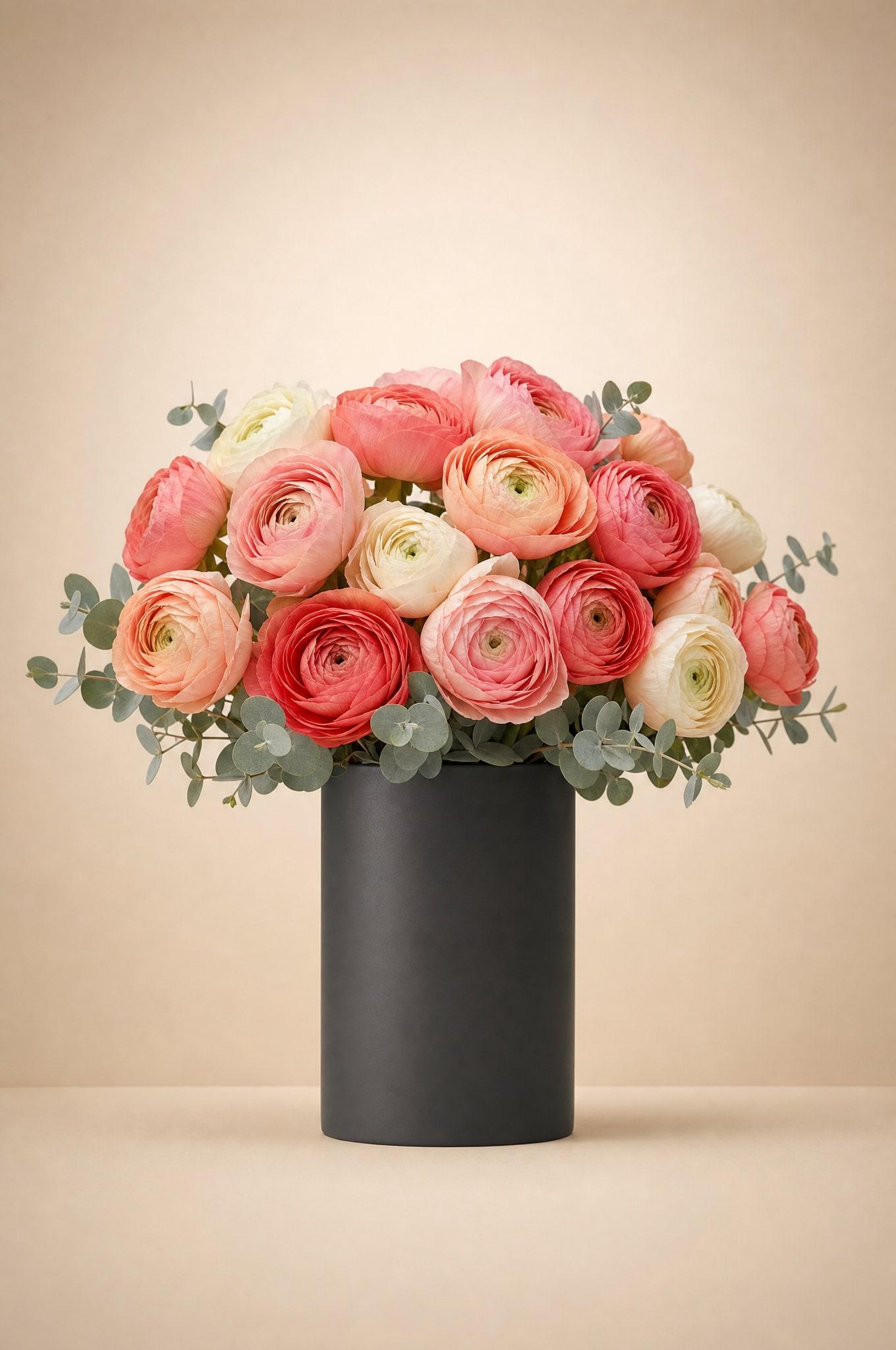Coral, blush and cream ranunculus with eucalyptus in a matte charcoal cylinder vase