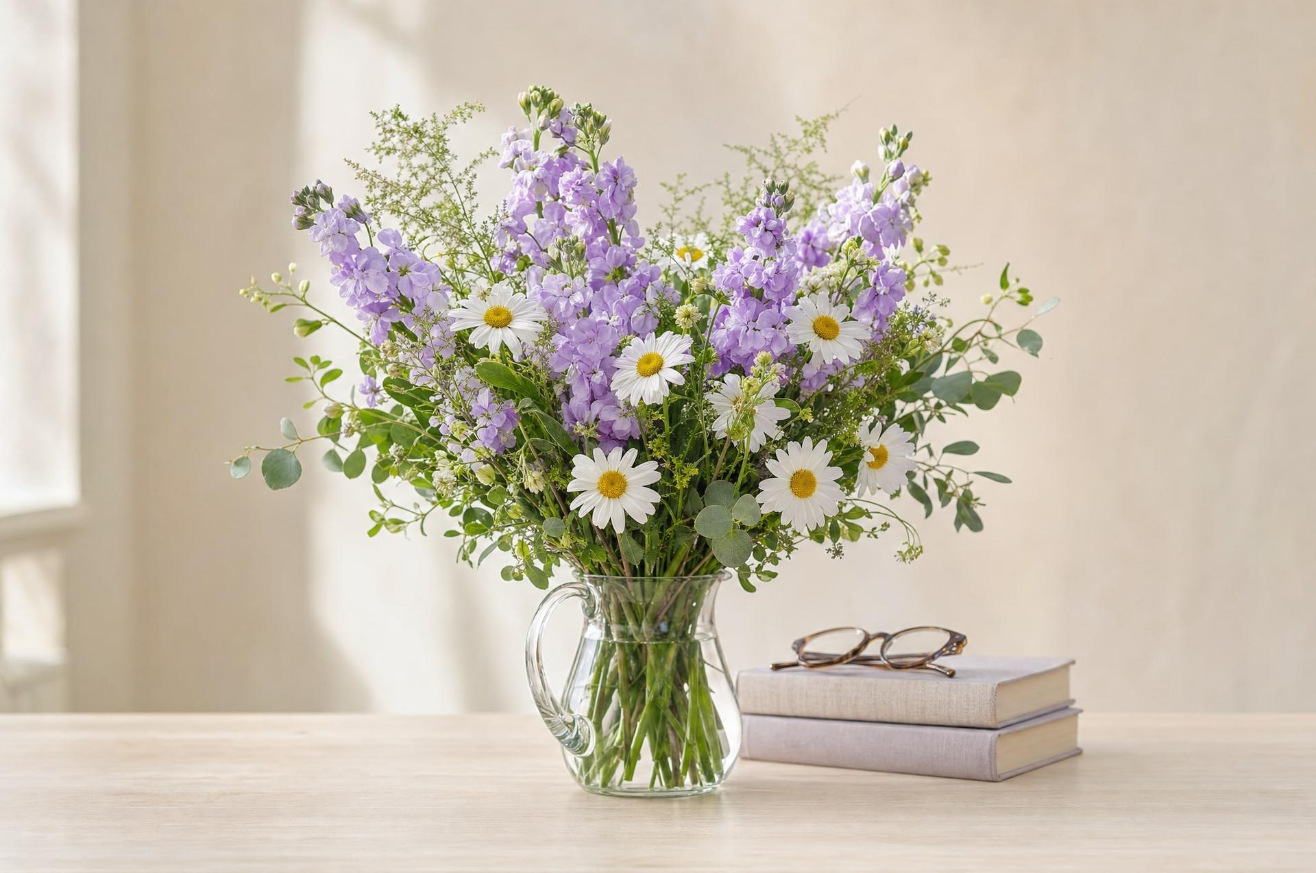 Lavender stock and white daisies in a glass pitcher beside a stack of books and reading glasses