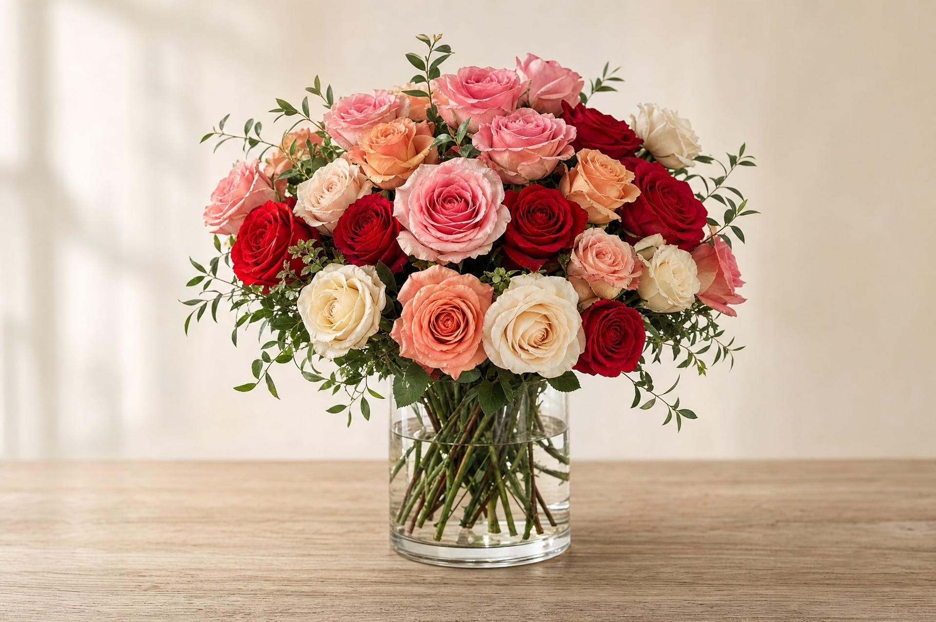 Mixed bouquet of red, pink, peach and cream roses in a clear glass vase