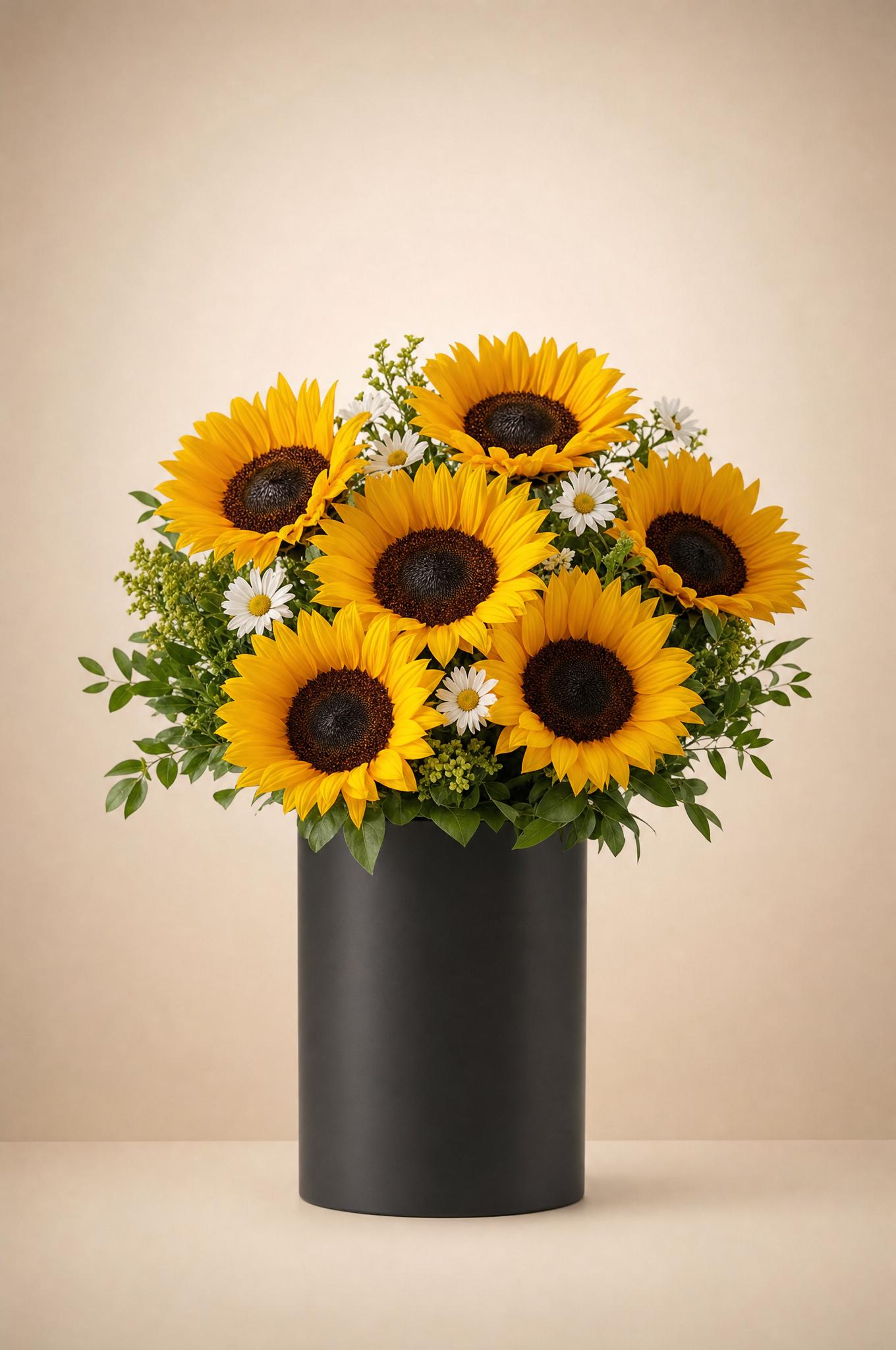 Cheerful sunflower and white daisy posy in a matte charcoal cylinder vase