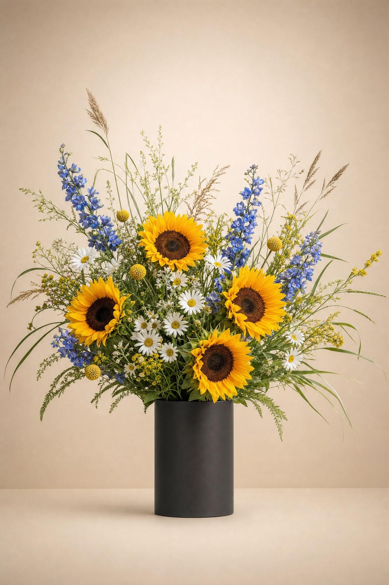 Sunflowers with white daisies, blue delphinium and wild meadow grasses in a matte black cylinder vase