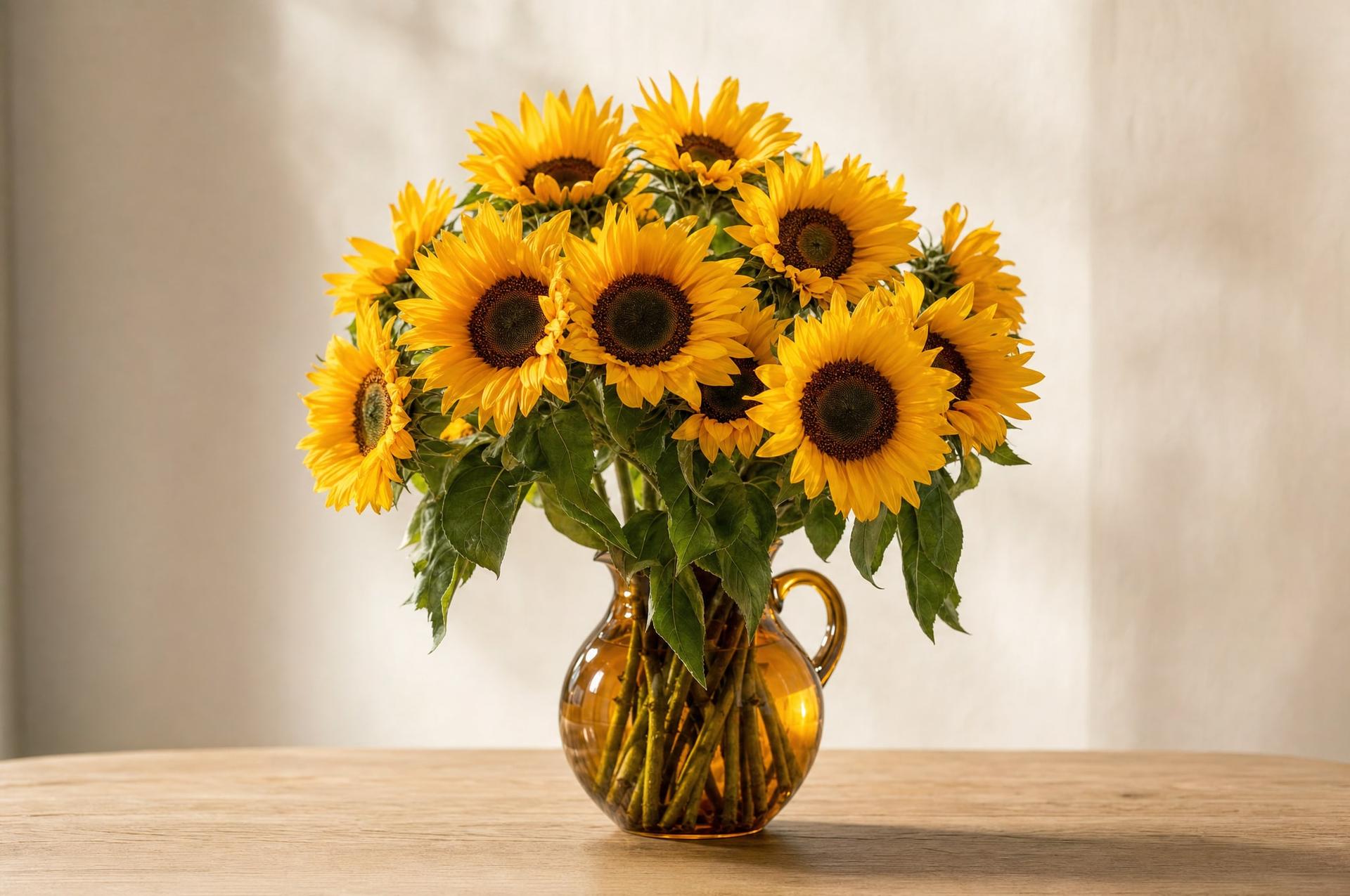 Bright sunflower bouquet in an amber glass jug