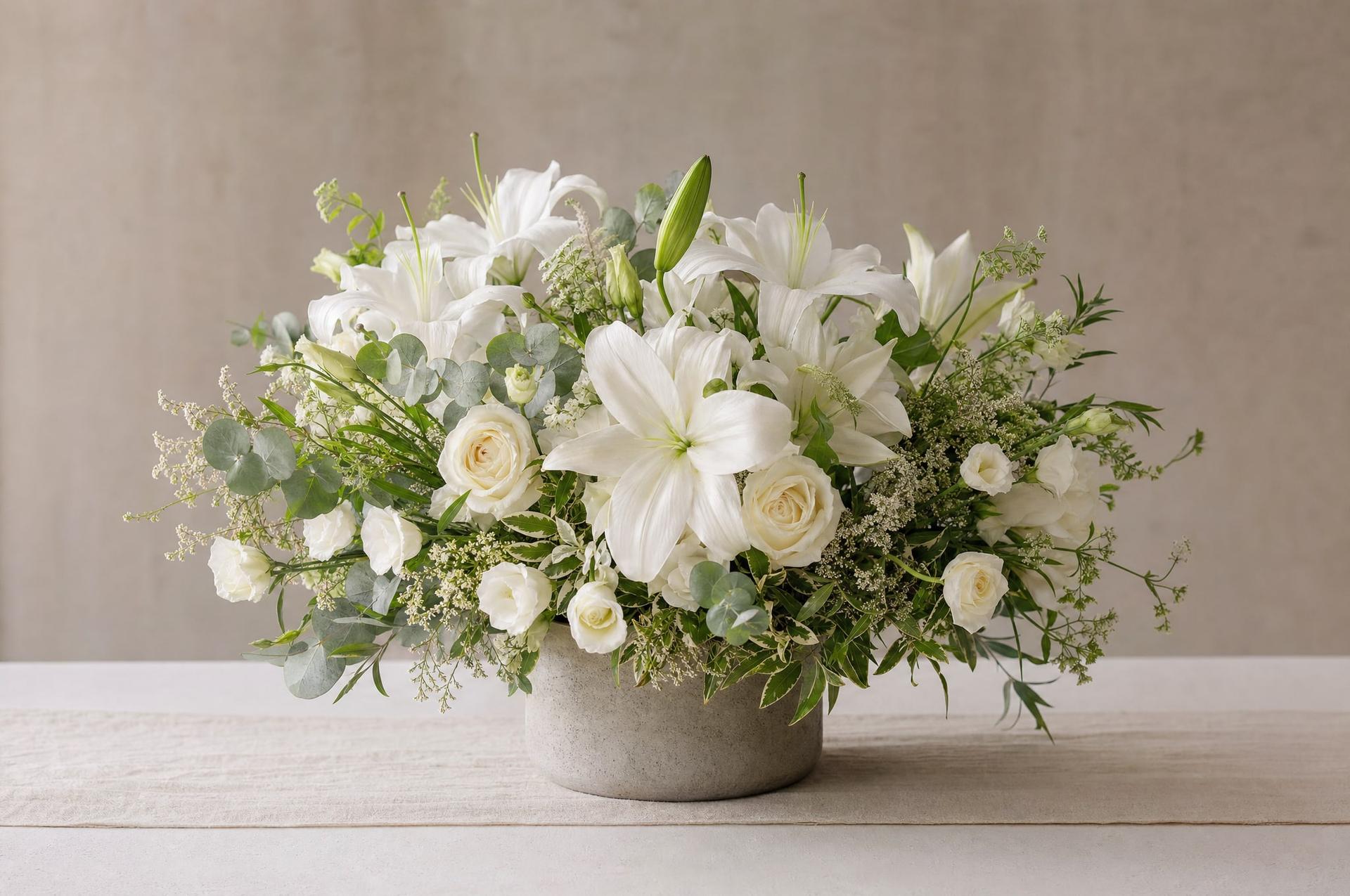 Serene all-white sympathy arrangement of lilies and roses in a stone vase in soft light