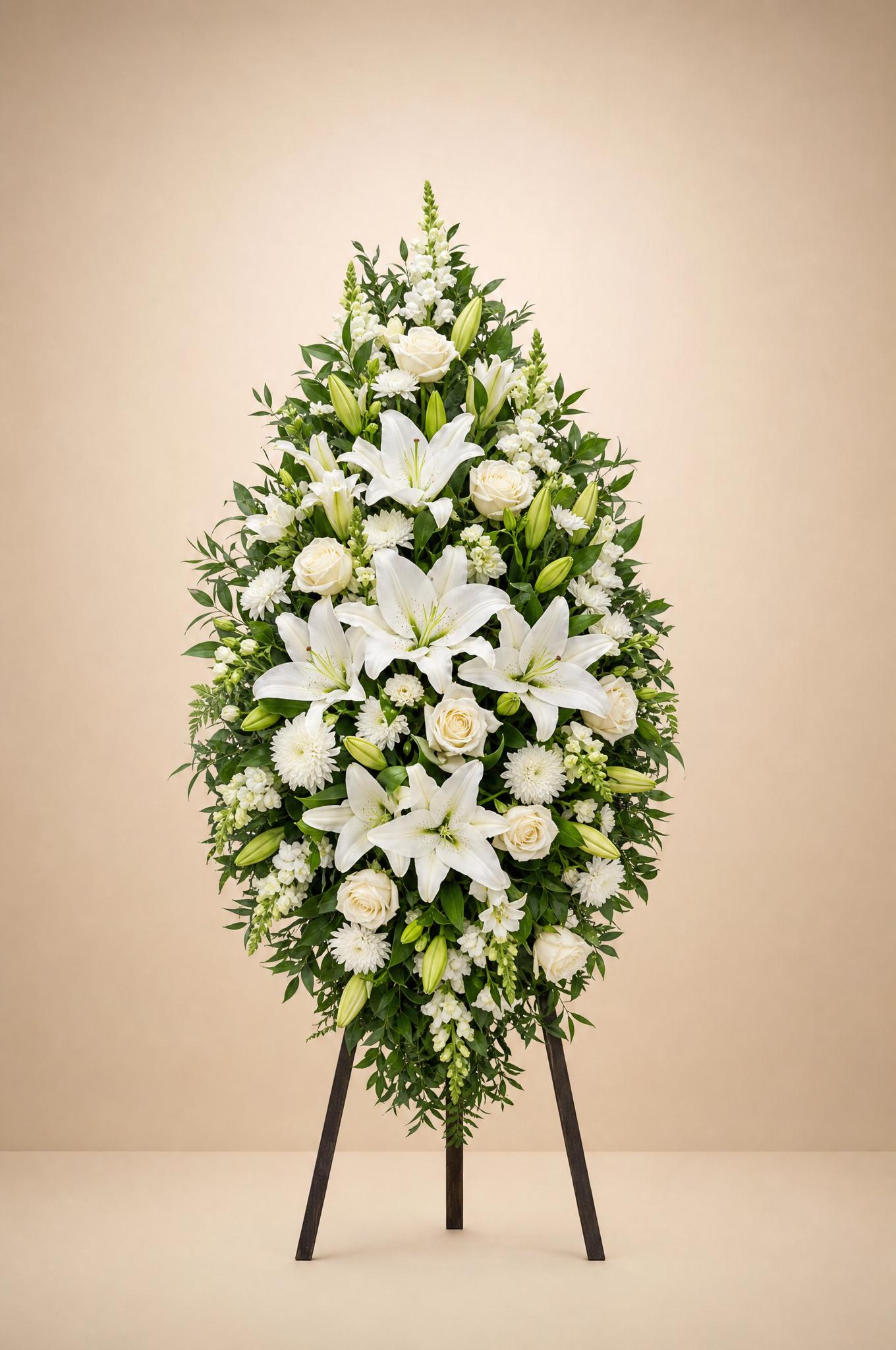 All-white standing spray of Oriental lilies, roses, spray chrysanthemums and snapdragons on a dark wooden easel