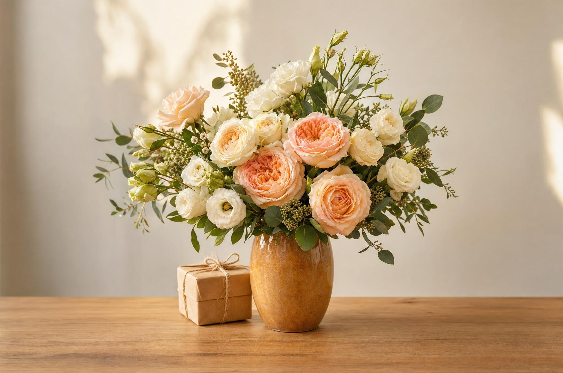 Peach garden roses and cream lisianthus thank-you bouquet with a kraft-wrapped gift