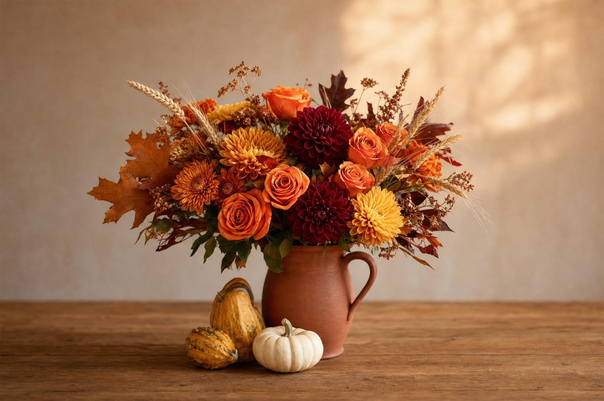 Autumn Thanksgiving arrangement of orange roses, dahlias and wheat in a terracotta jug with gourds