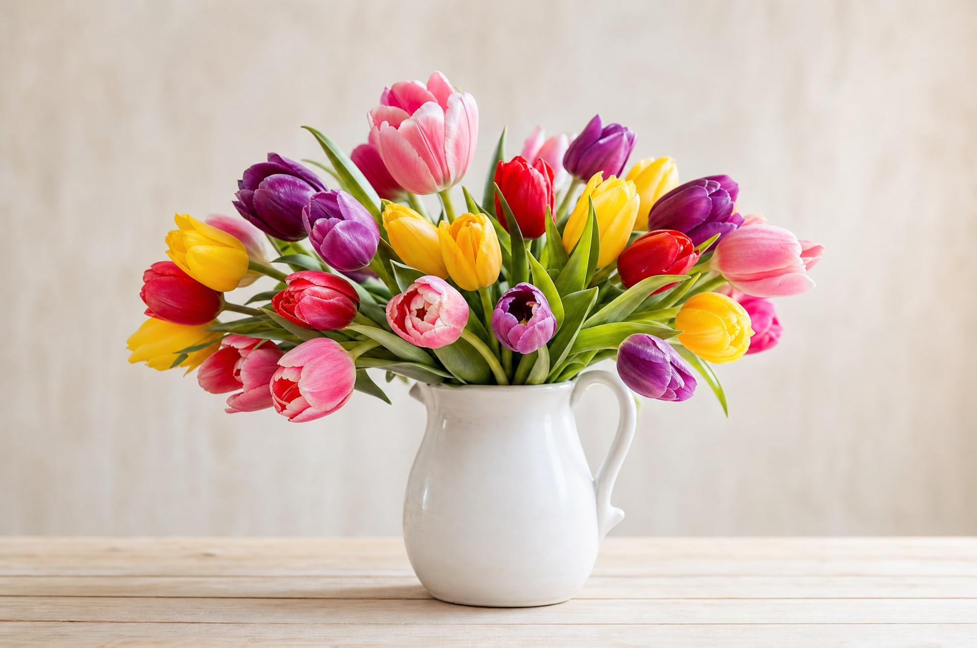 Colourful bunch of pink, yellow, purple and red tulips in a white ceramic jug