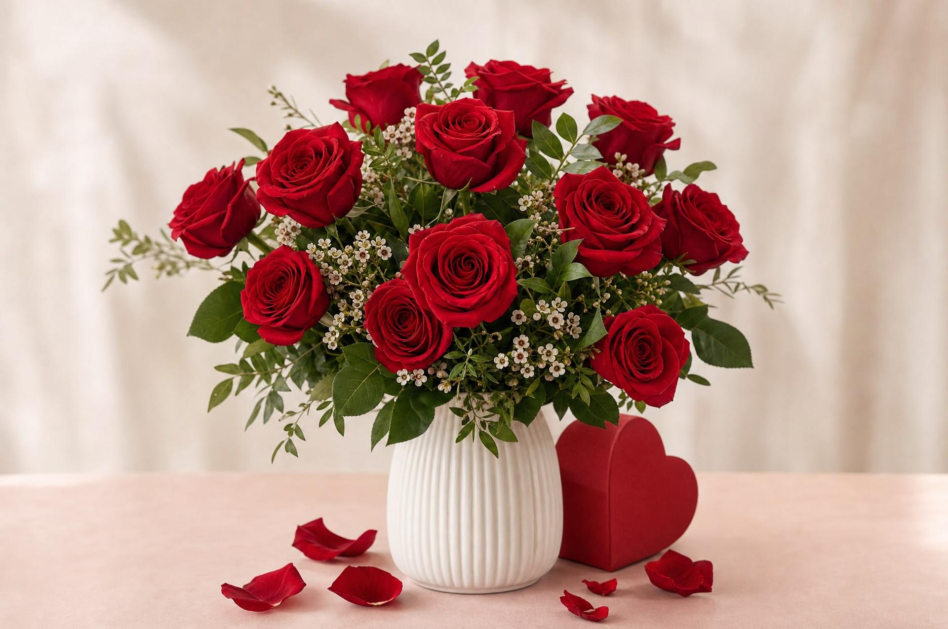 Dozen red roses in a white vase with a heart-shaped gift box and rose petals for Valentine's Day