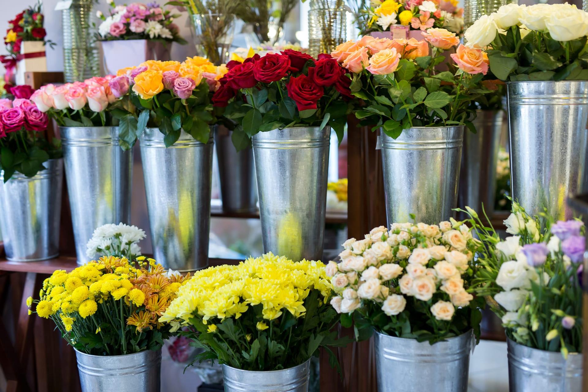 Buckets of many different flowers lined up in a flower shop