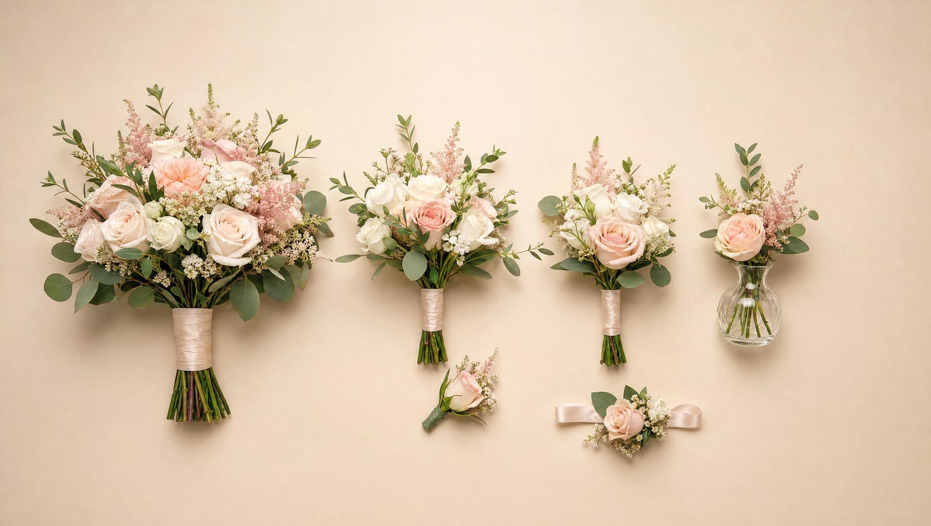 Wedding floral pieces laid out together — bridal bouquet, bridesmaid bouquets, boutonniere, wrist corsage and a bud vase arrangement