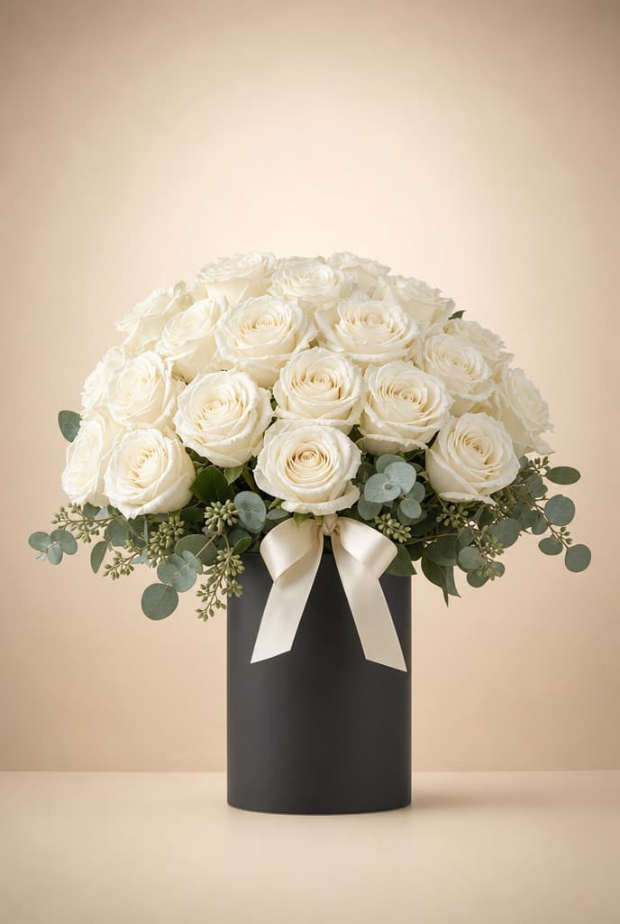 Dome bouquet of white roses with eucalyptus in a black vase tied with an ivory satin bow