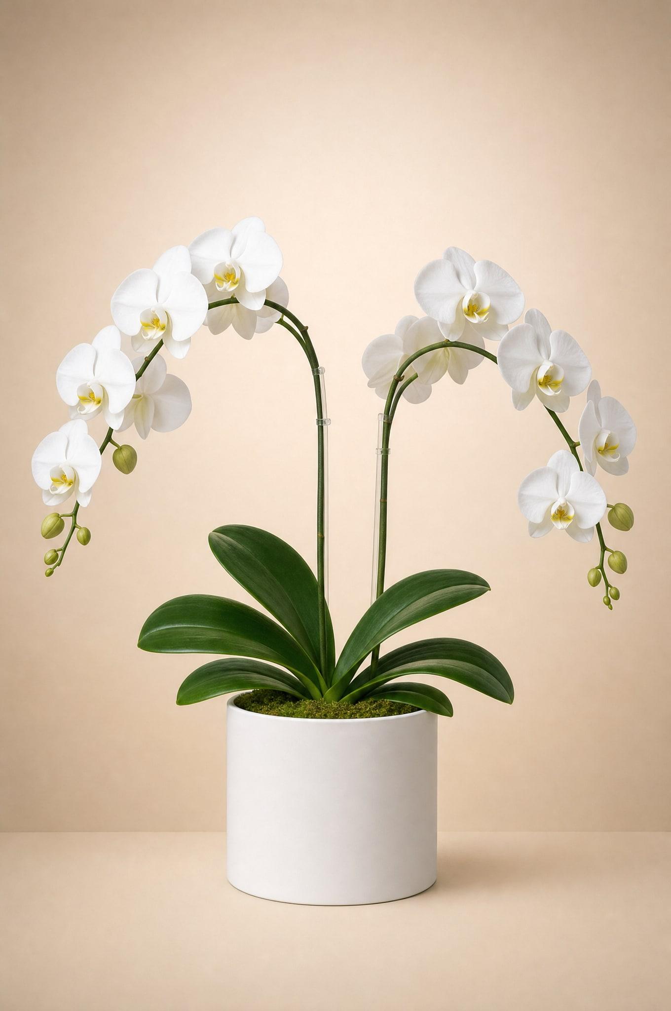 Double-spike white phalaenopsis orchid with arching blooms in a white ceramic pot